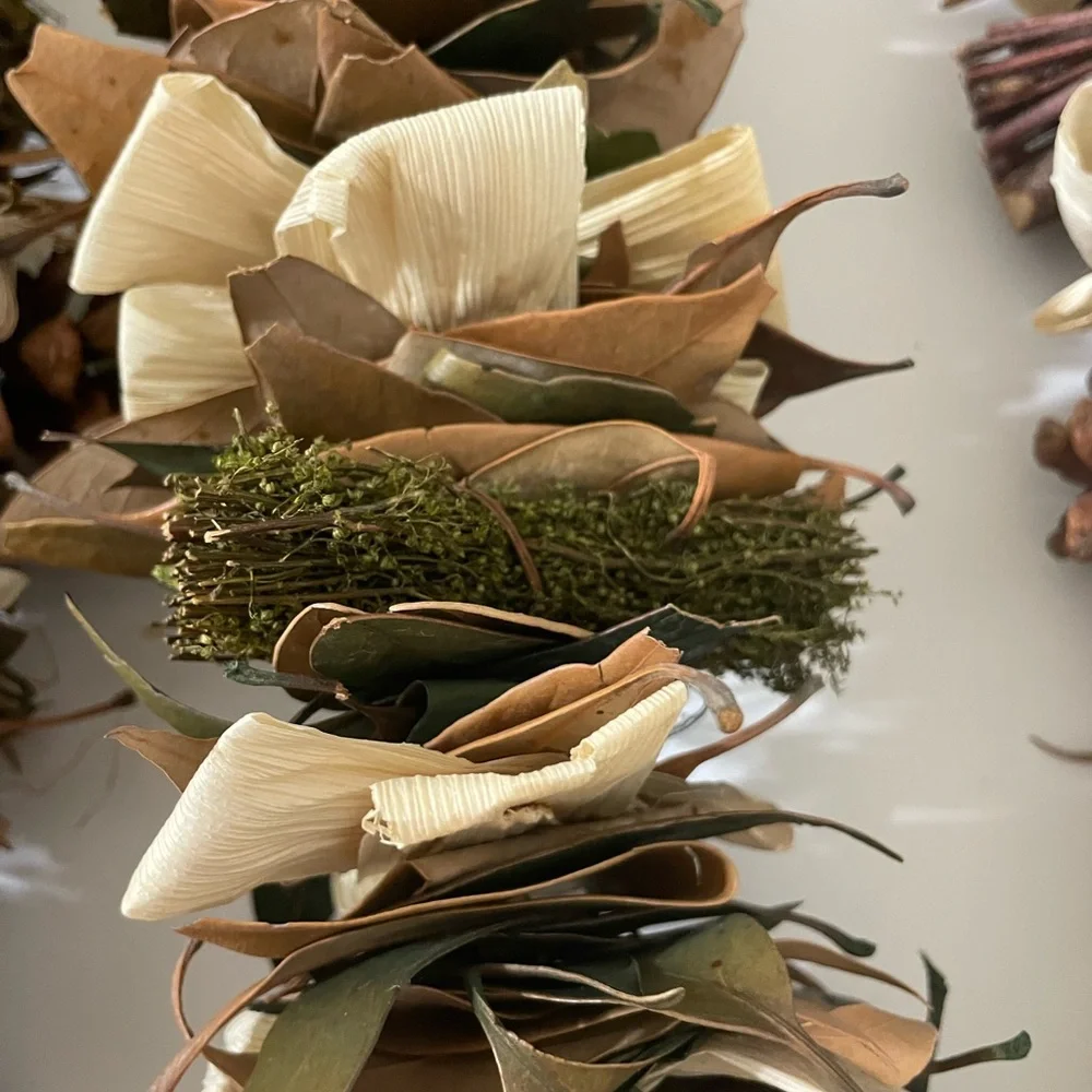 Fall Dried Leaves Pinecones Corn Husks Green Berries Garland 70” Cottage Farm